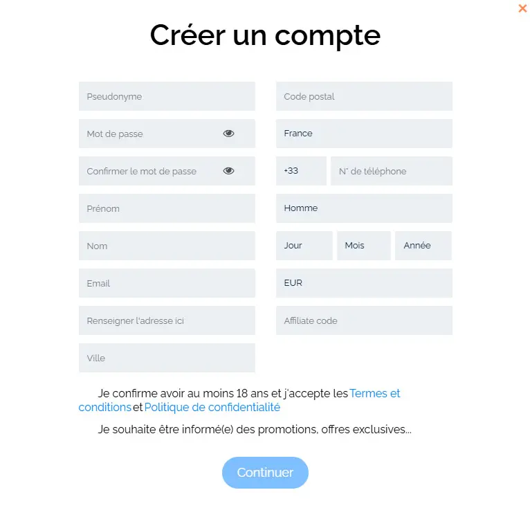 Processus d'inscription CASINO INFINITY